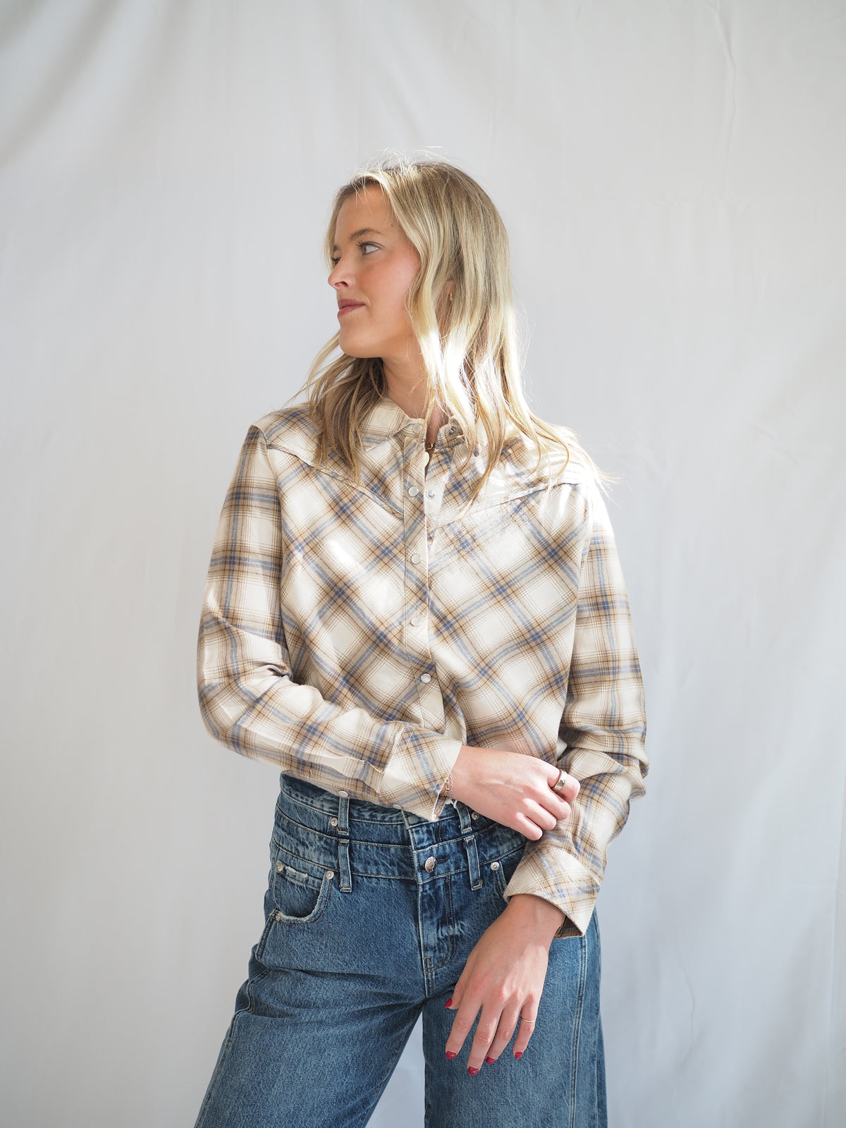 Yana Pearl Snap Plaid Shirt in Cream