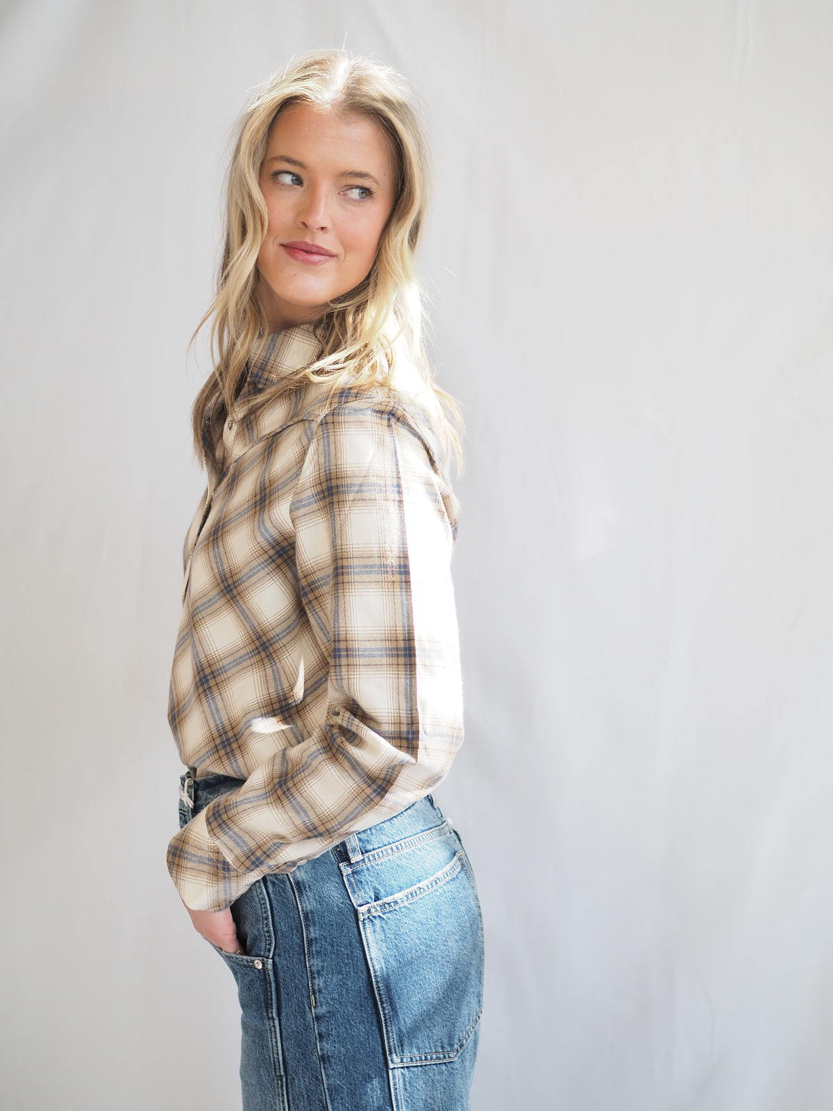Yana Pearl Snap Plaid Shirt in Cream
