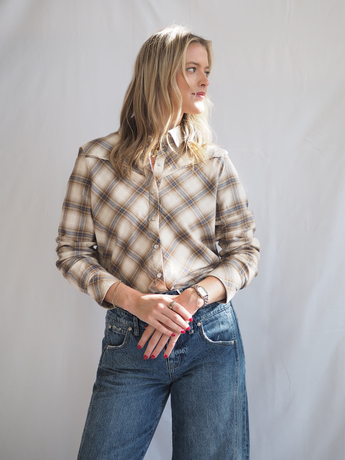 Yana Pearl Snap Plaid Shirt in Cream