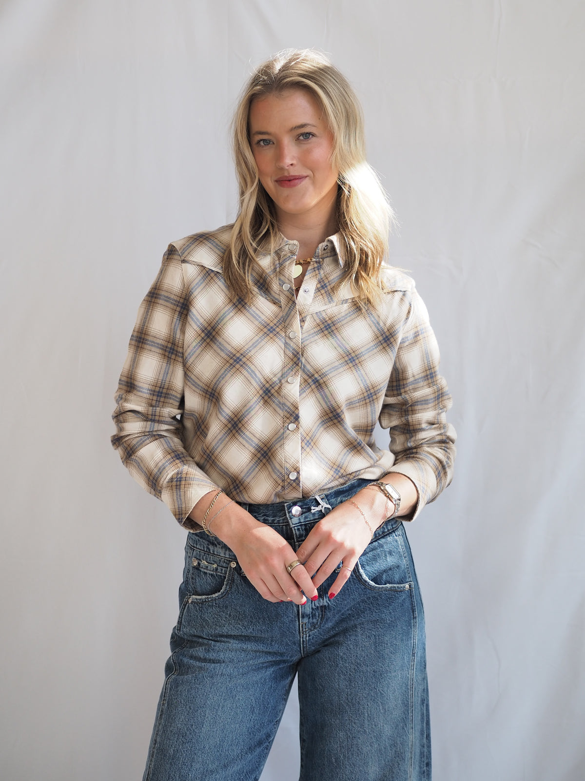 Yana Pearl Snap Plaid Shirt in Cream