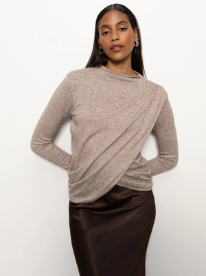 Sanctuary L/S Mock Draped Heather Cocoa Top