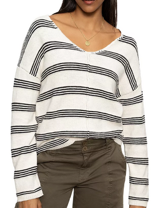 Sanctuary Easy V-Neck Sweater in Light Oat Stripe