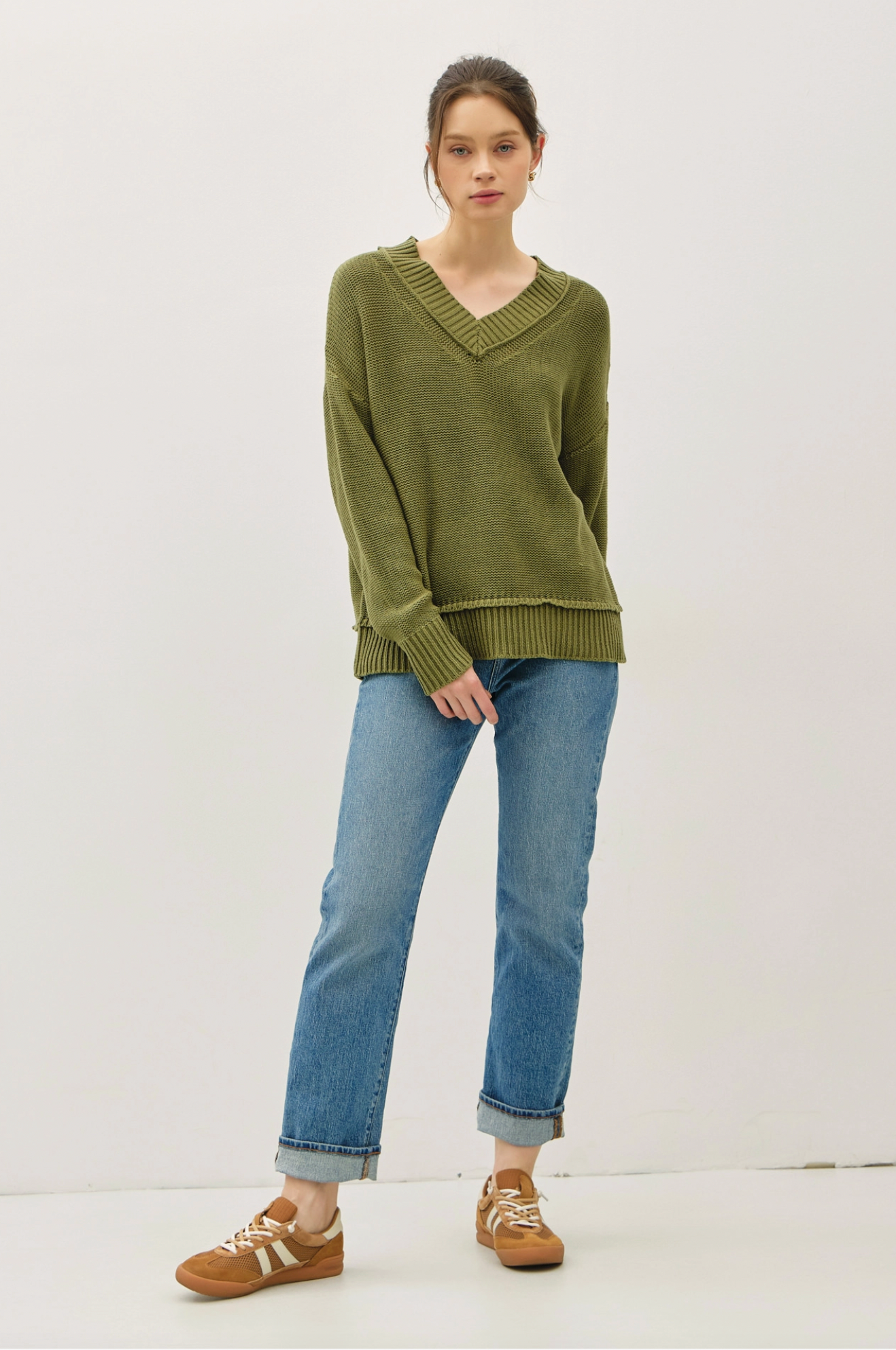 Chunky V Neck Knit Sweater in Olive