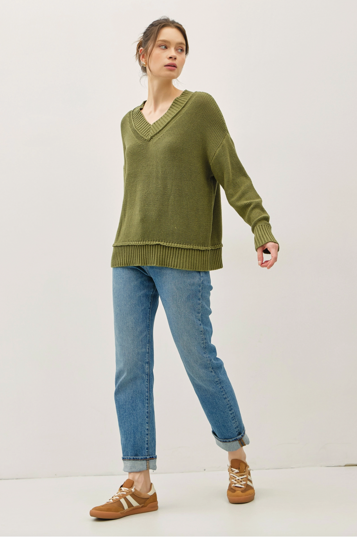Chunky V Neck Knit Sweater in Olive