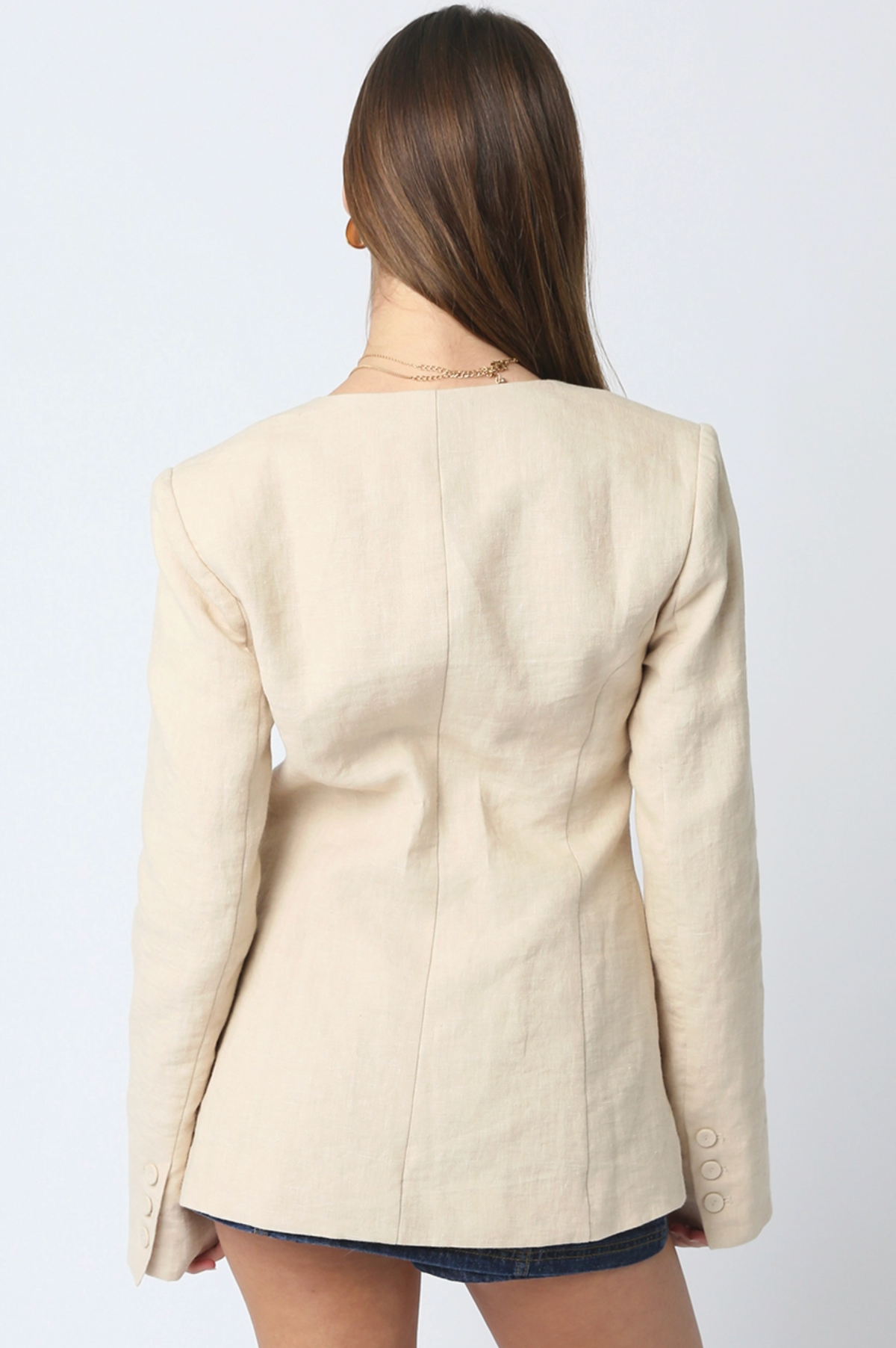 Linen Scoop Neck Blazer in Natural