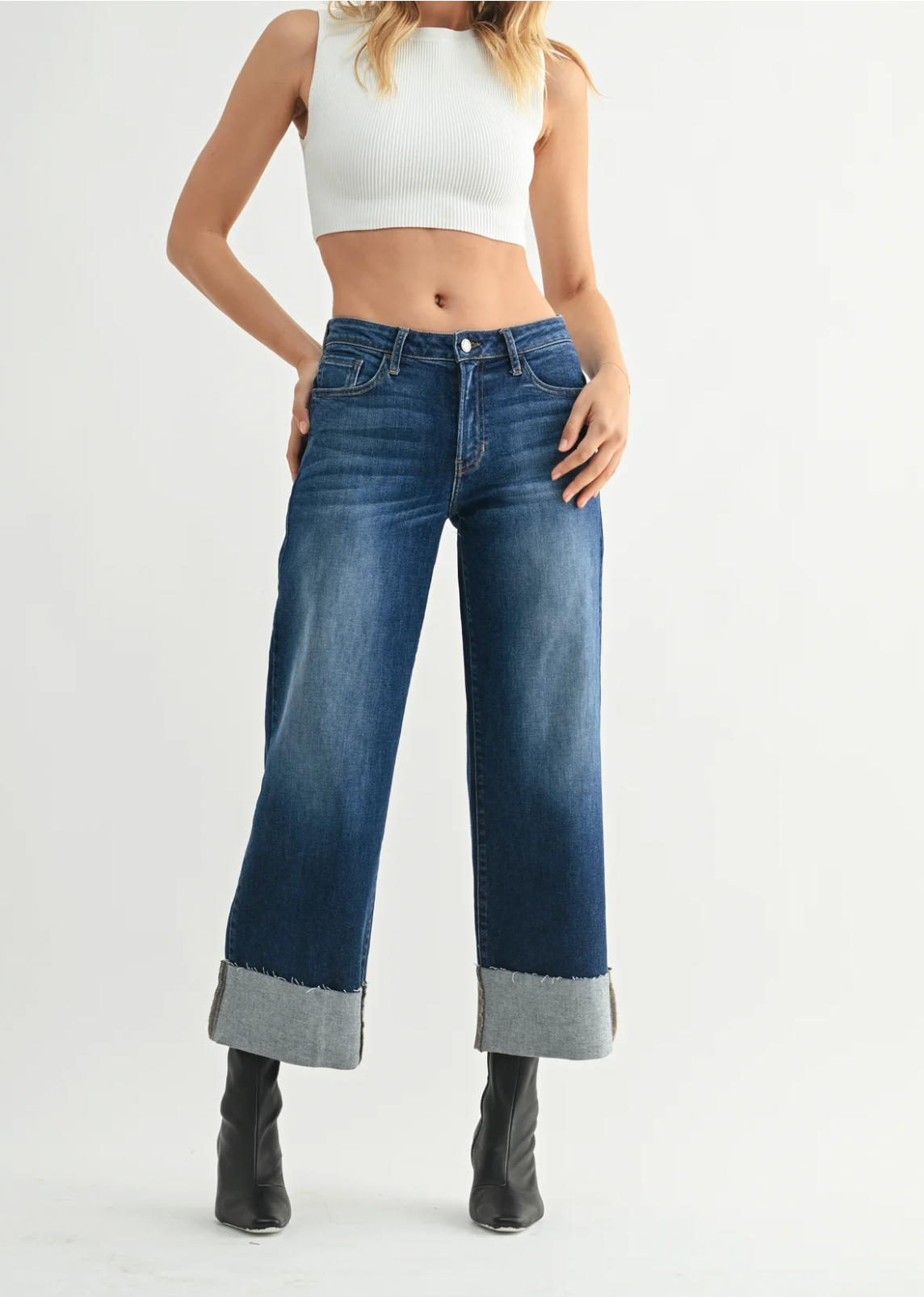 Scissor Cut Cuffed Wide Leg Denim Jeans