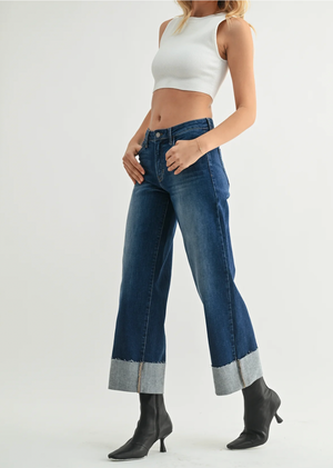 Scissor Cut Cuffed Wide Leg Denim Jeans