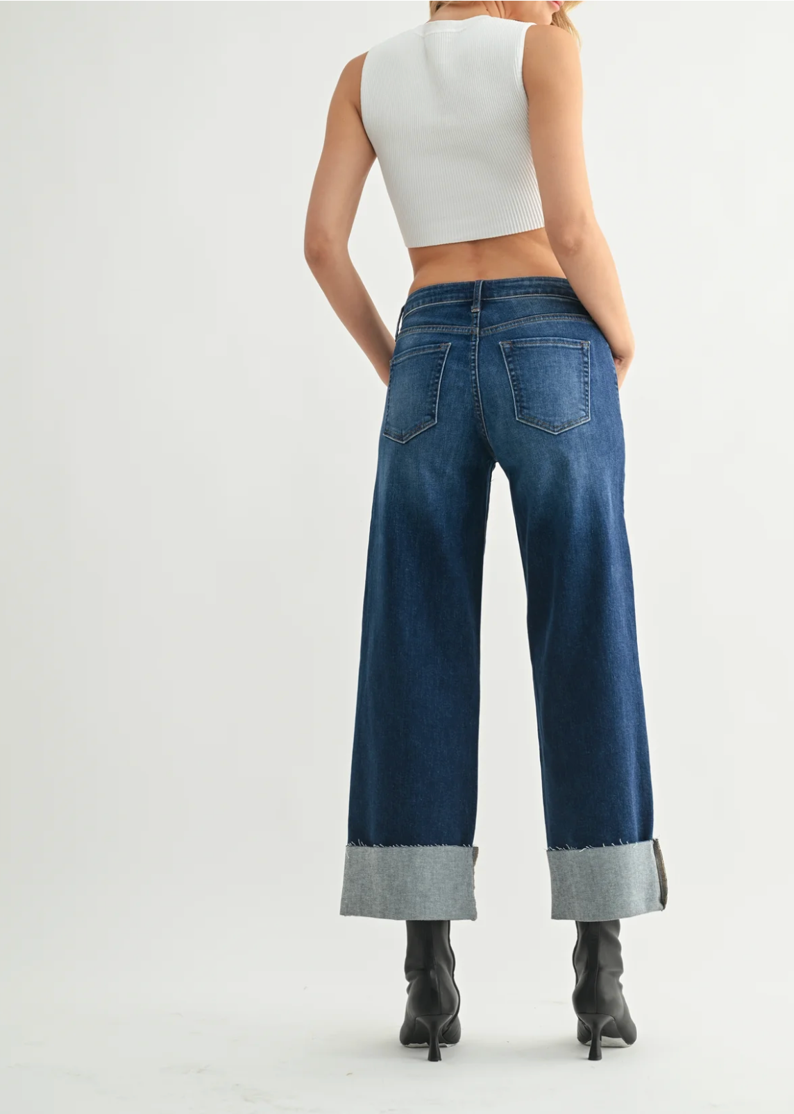 Scissor Cut Cuffed Wide Leg Denim Jeans