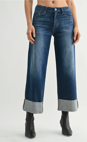 Scissor Cut Cuffed Wide Leg Denim Jeans
