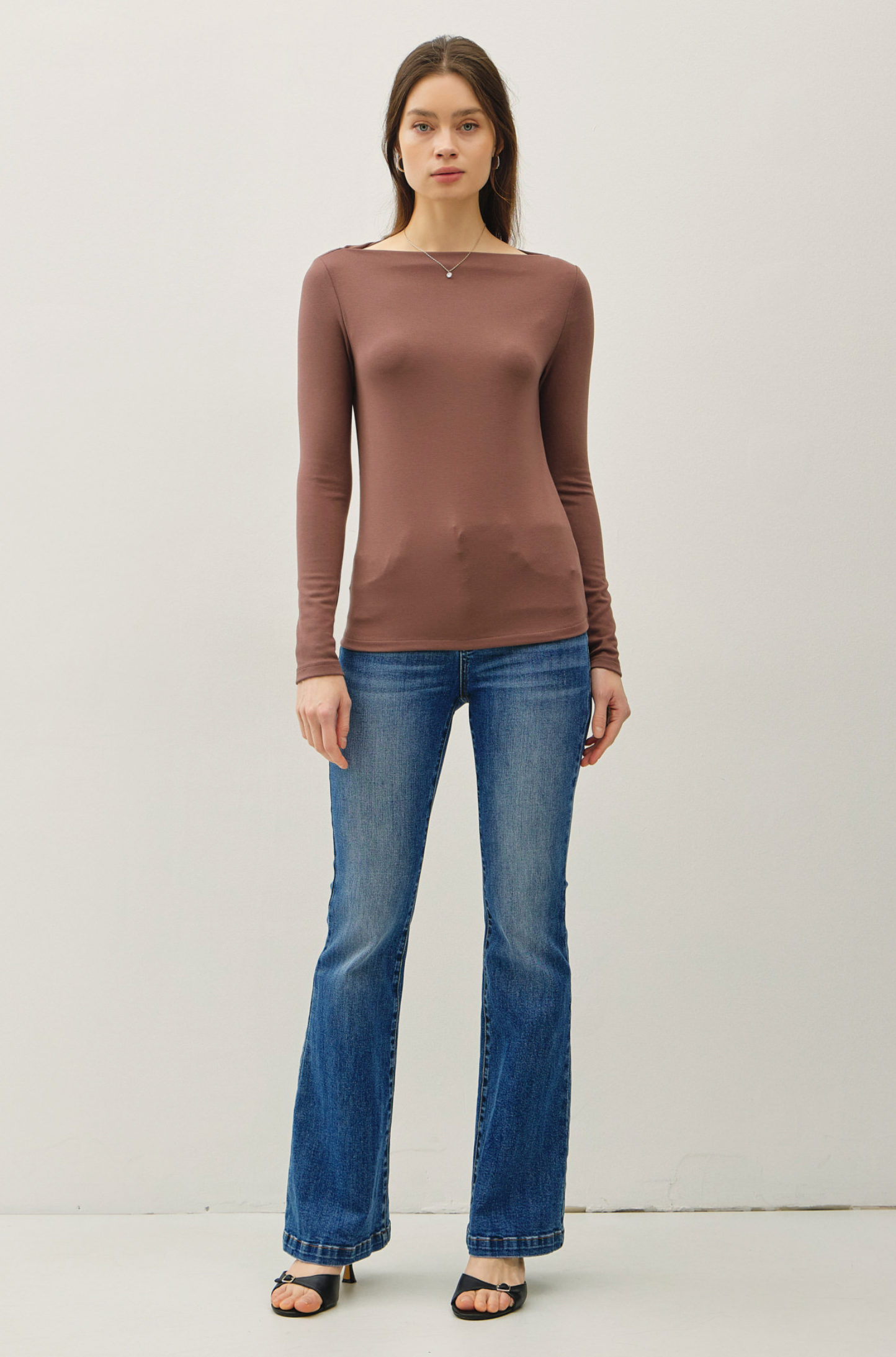 Camryn Boat Neck Longsleeve Top in Brown