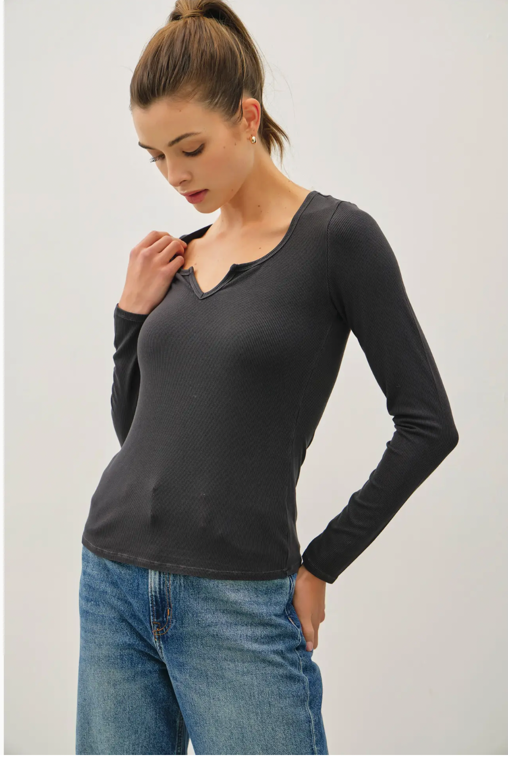 Ribbed Notched Neck Longsleeve Basic Top