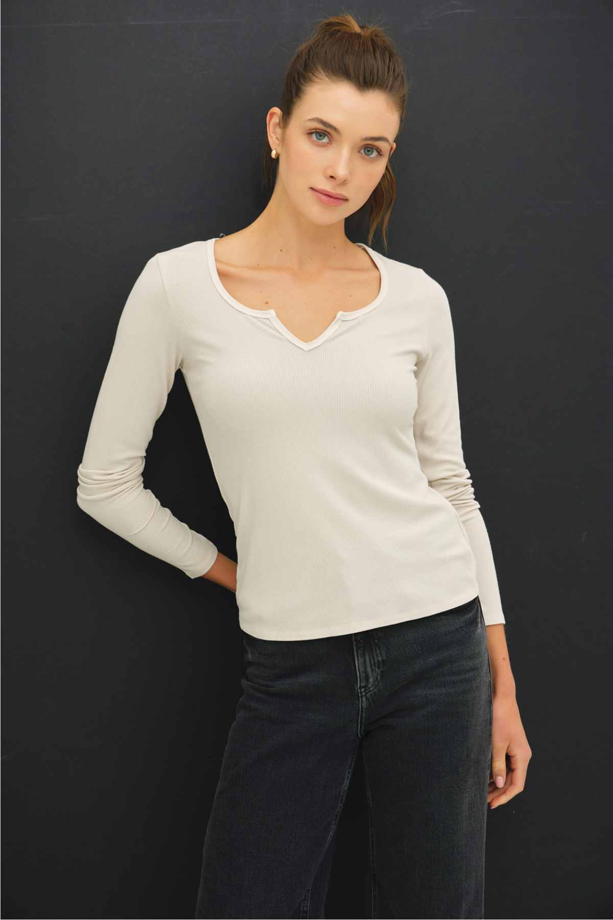 Ribbed Notched Neck Longsleeve Basic Top