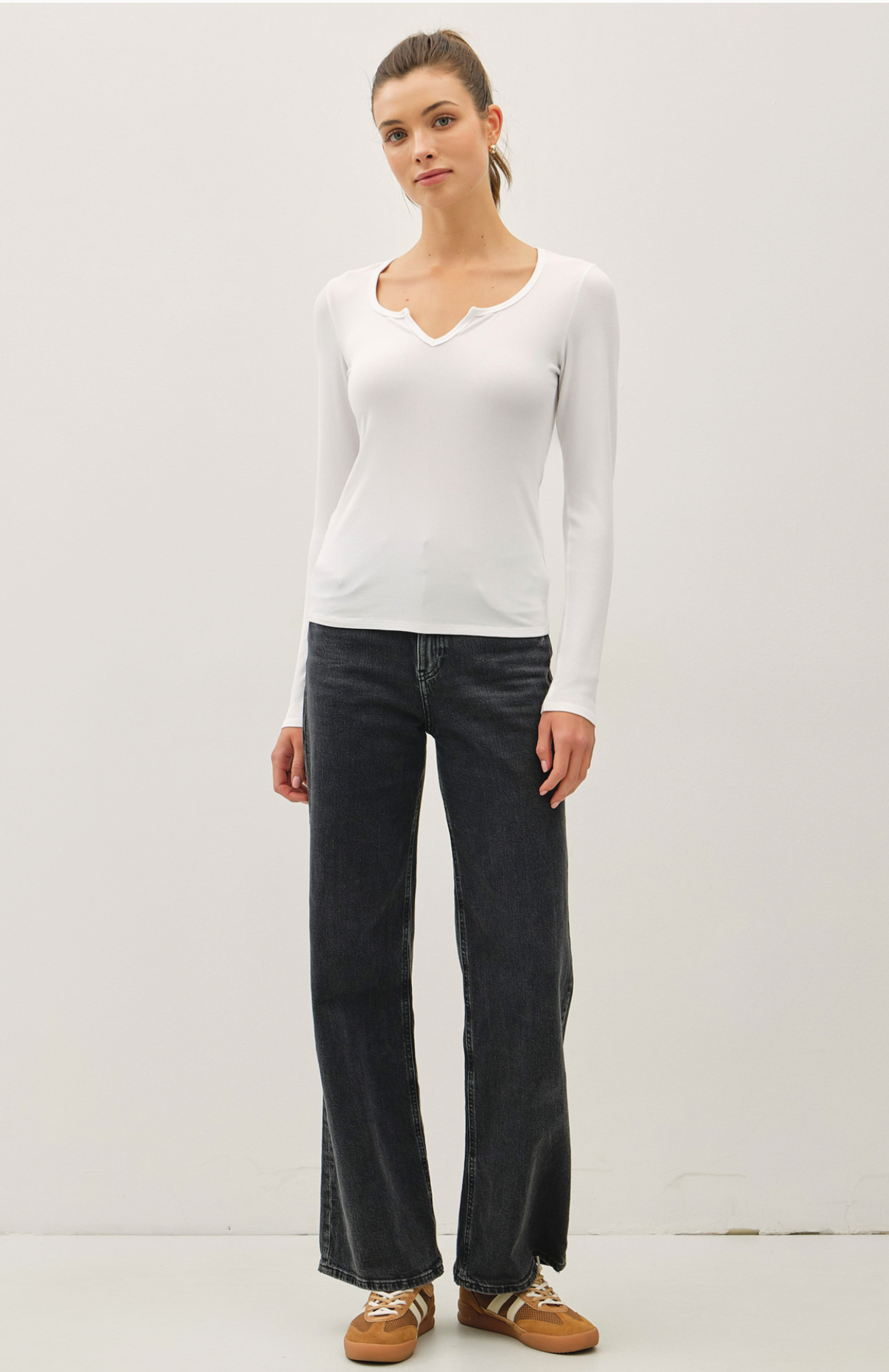 Ribbed Notched Neck Longsleeve Basic Top