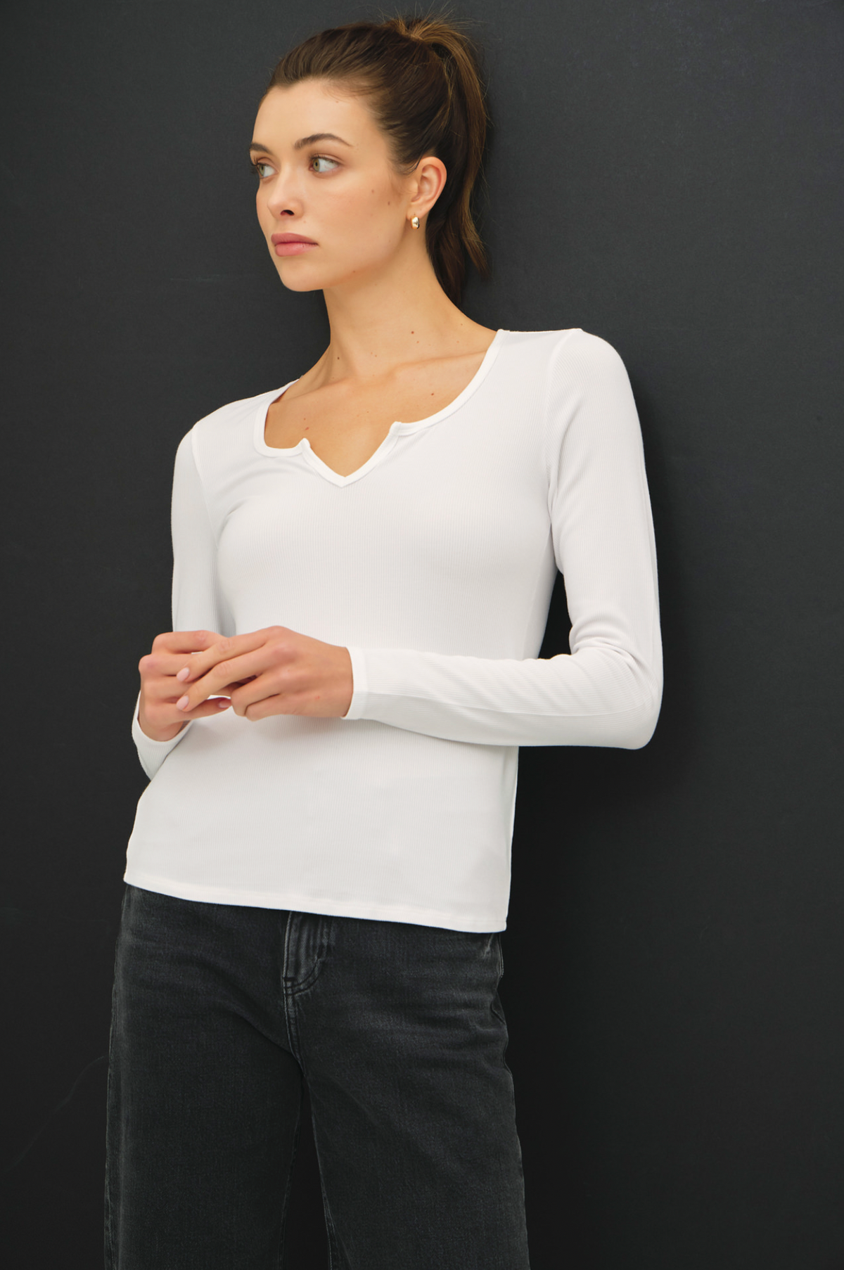 Ribbed Notched Neck Longsleeve Basic Top
