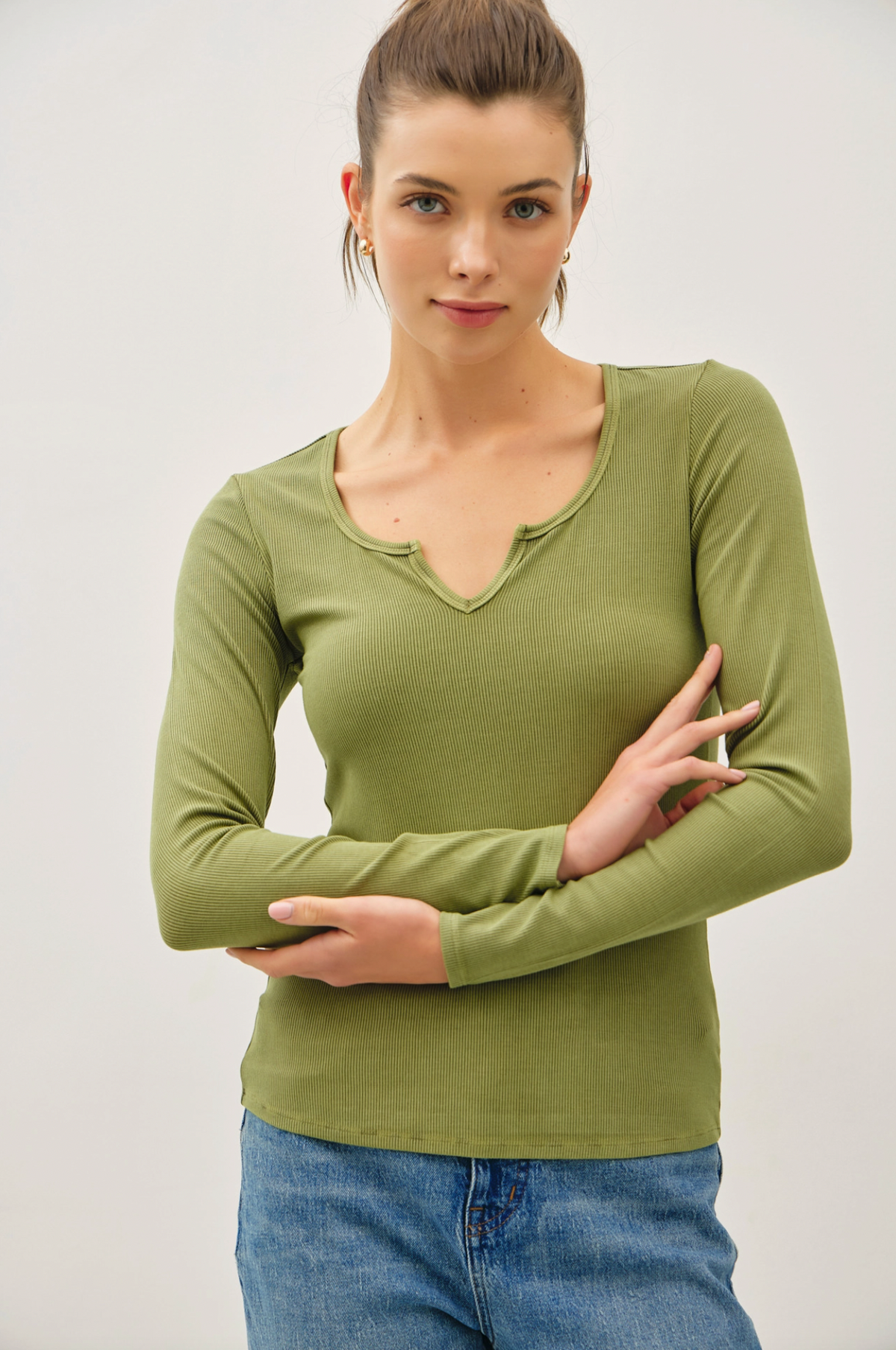 Ribbed Notched Neck Longsleeve Basic Top