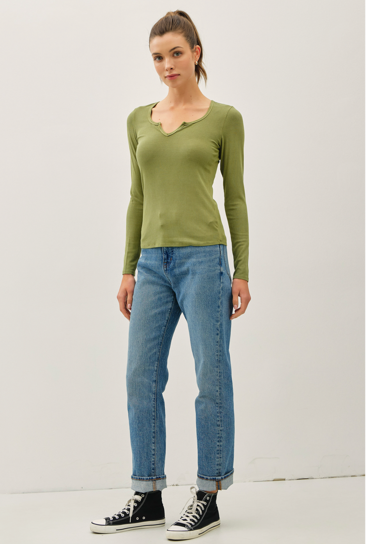 Ribbed Notched Neck Longsleeve Basic Top