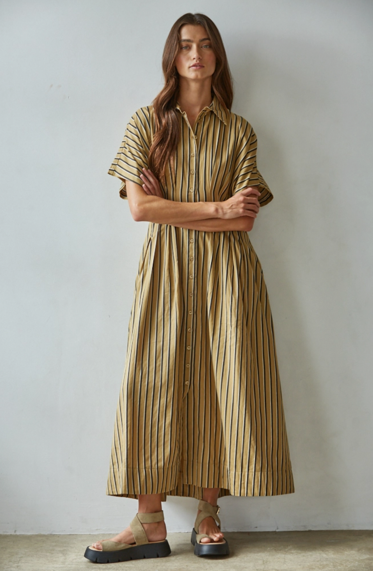 By Together Golden Striped Midi Dress