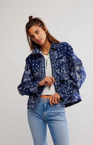 FREE PEOPLE BANDANA JACQUARD SHIRT in INDIGO COMBO