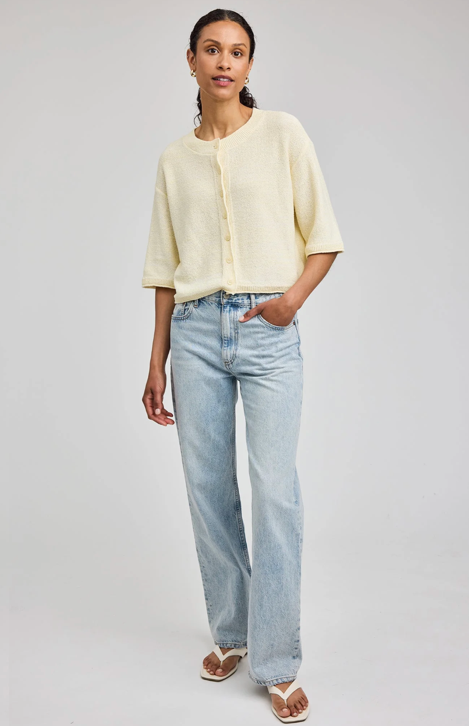 Genevieve Short-Sleeve Relaxed Cardigan in Yellow