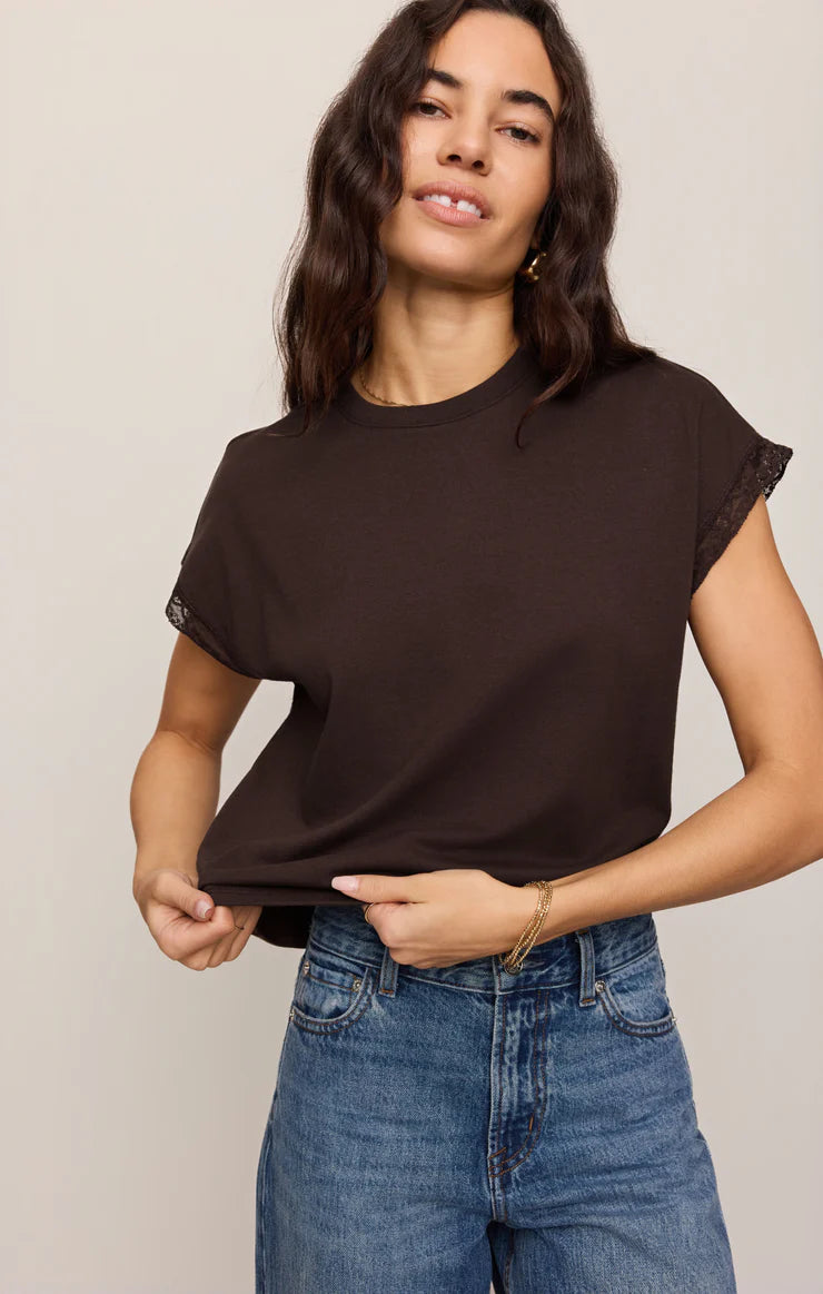 Z Supply Marika Lace Trim Muscle Tee in  Dark Chocolate