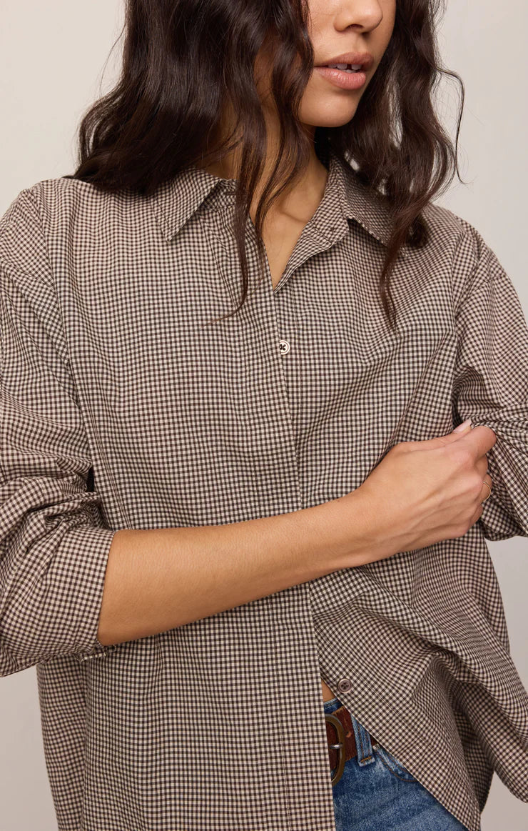 Z Supply On Duty Gingham Button Up in Dark Chocolate