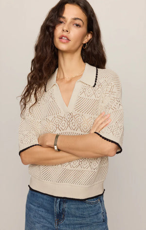 Z Supply Denman Sandstone Crochet Polo Sweater