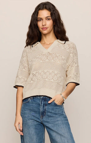 Z Supply Denman Sandstone Crochet Polo Sweater