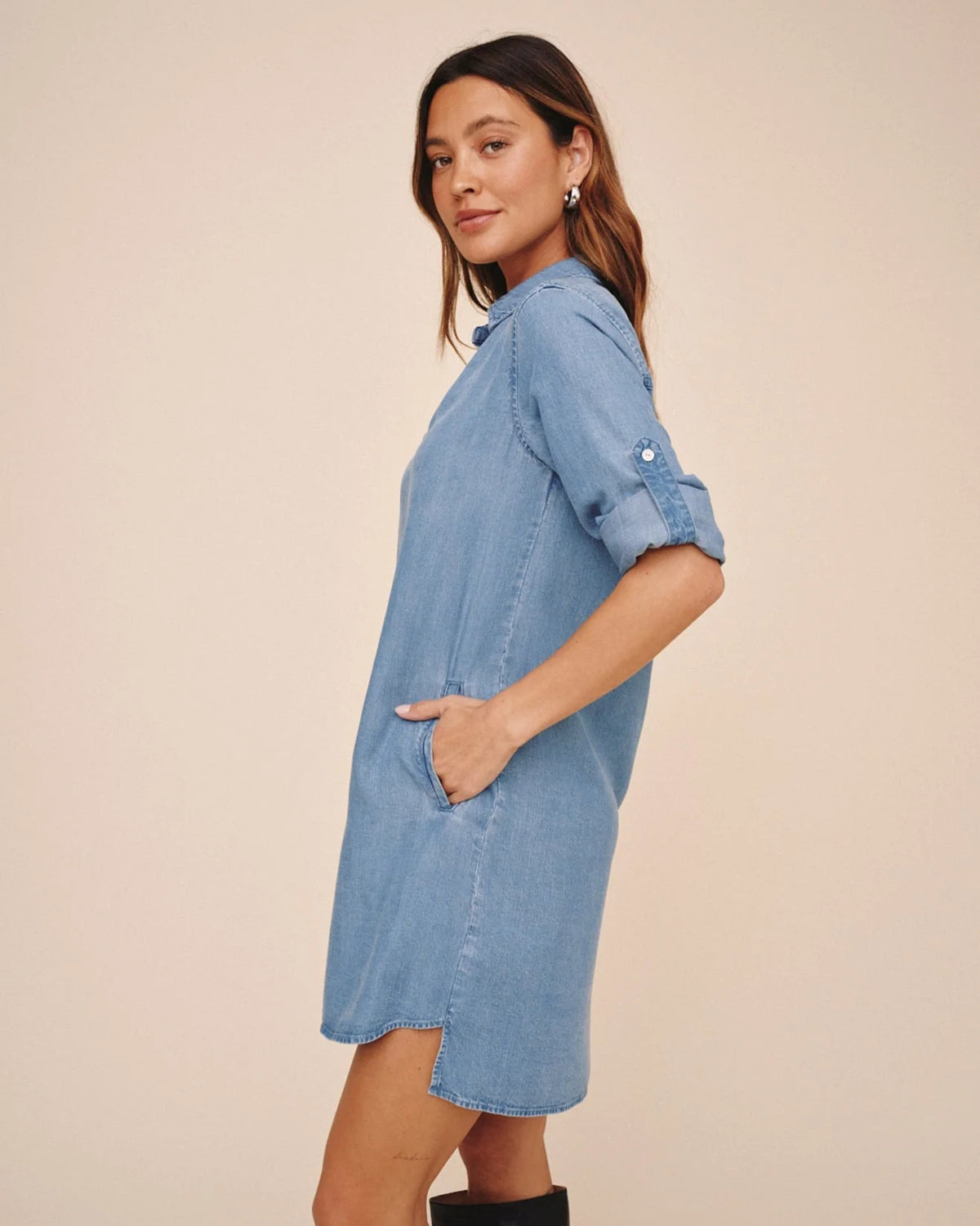 A Line Rolled Tab Sleeve Dress