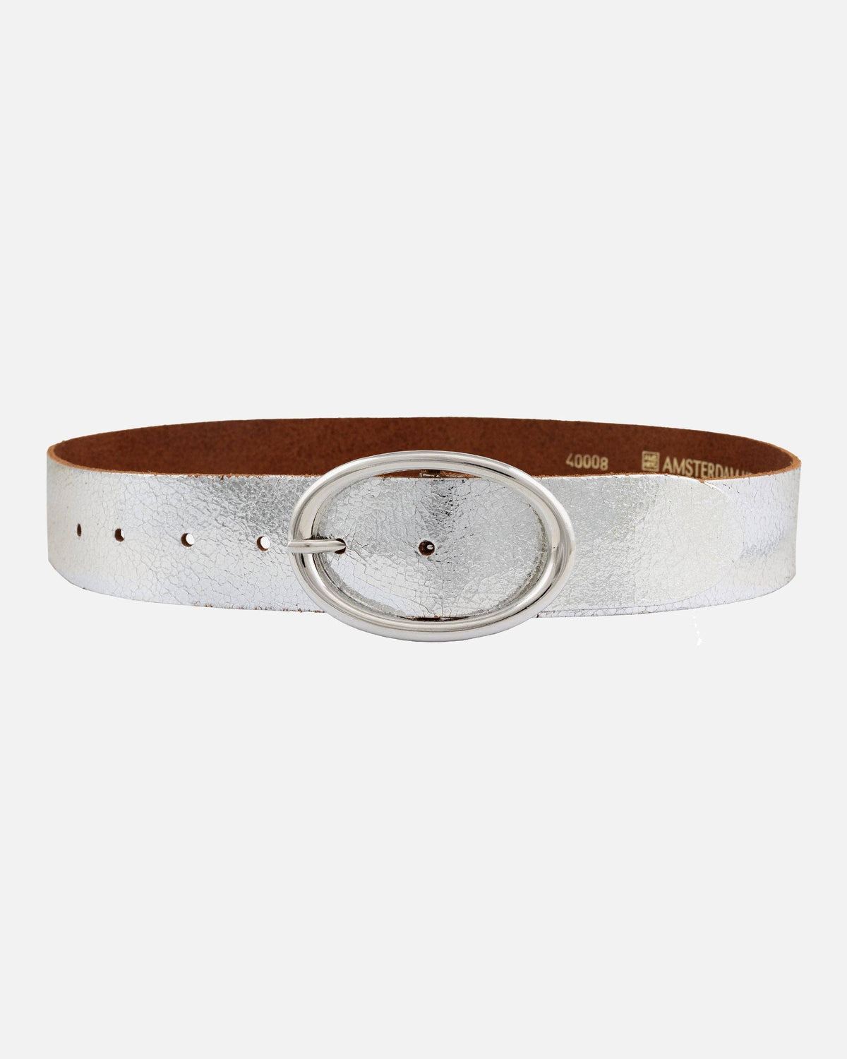 Chi Metallic Leather Belt with Sleek Oval Buckle in Silver