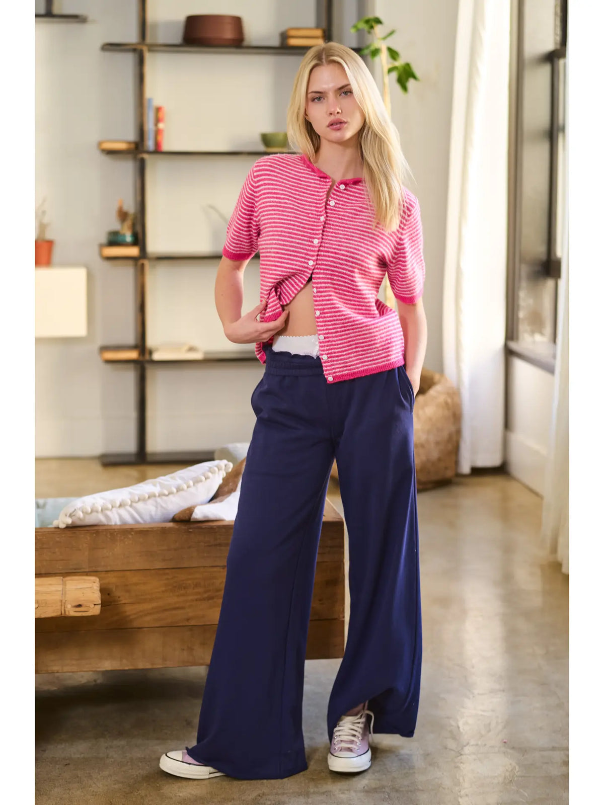 Striped Short Sleeve Essential Button Cardigan