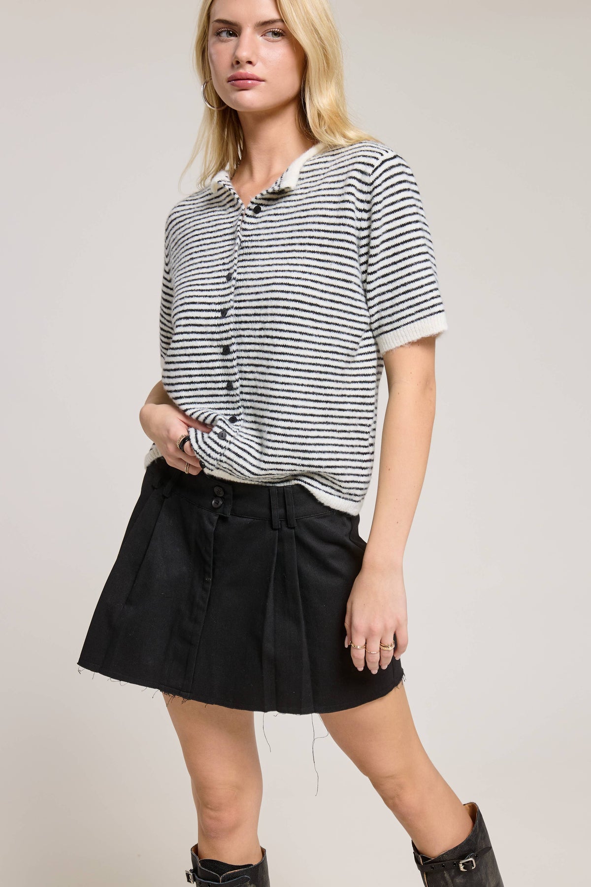 Striped Short Sleeve Essential Button Cardigan