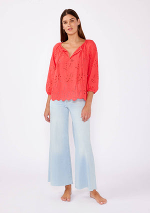 Vivienne Raglan Long Sleeve Blouse with Floral Eyelet Details - 2 Colors