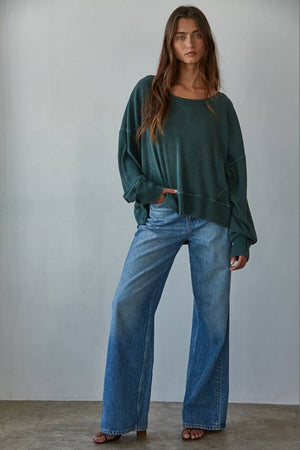 Knit Drop Shoulder Long Sleeve Top with Side Slits
