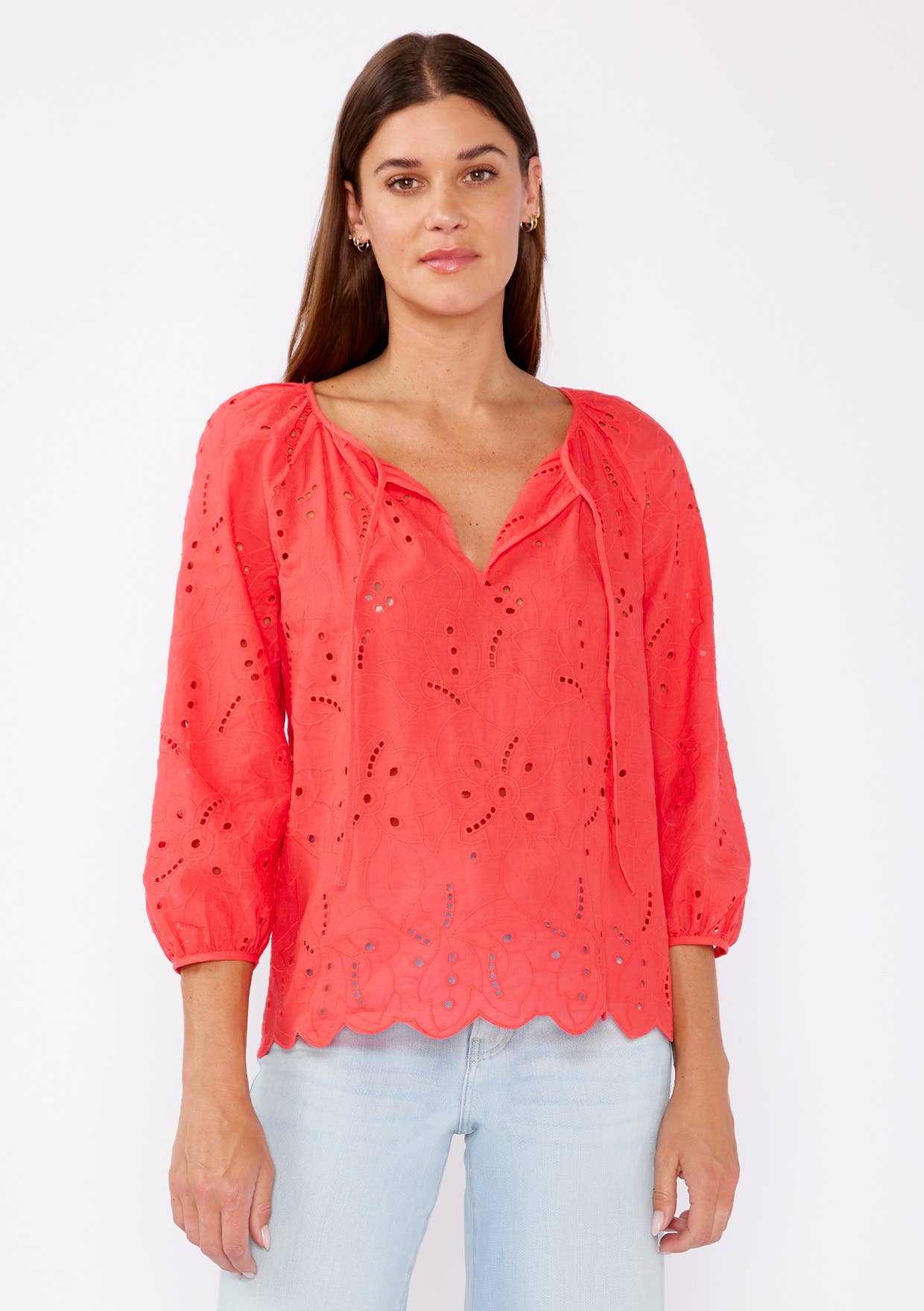 Vivienne Raglan Long Sleeve Blouse with Floral Eyelet Details