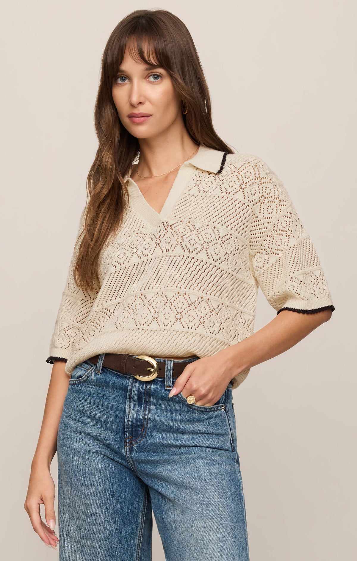 Z Supply Denman Sandstone Crochet Polo Sweater