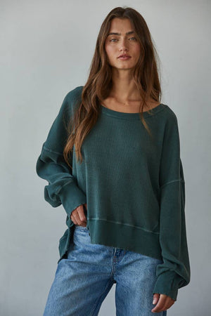 Knit Drop Shoulder Long Sleeve Top with Side Slits