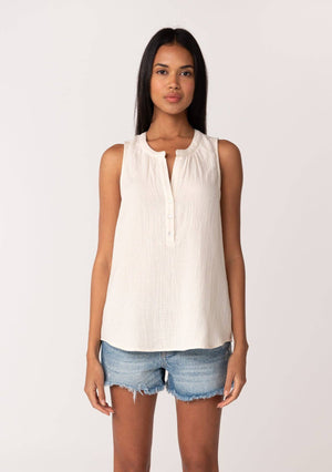 Violet Cotton Sleeveless Split V Neck Button Front Top