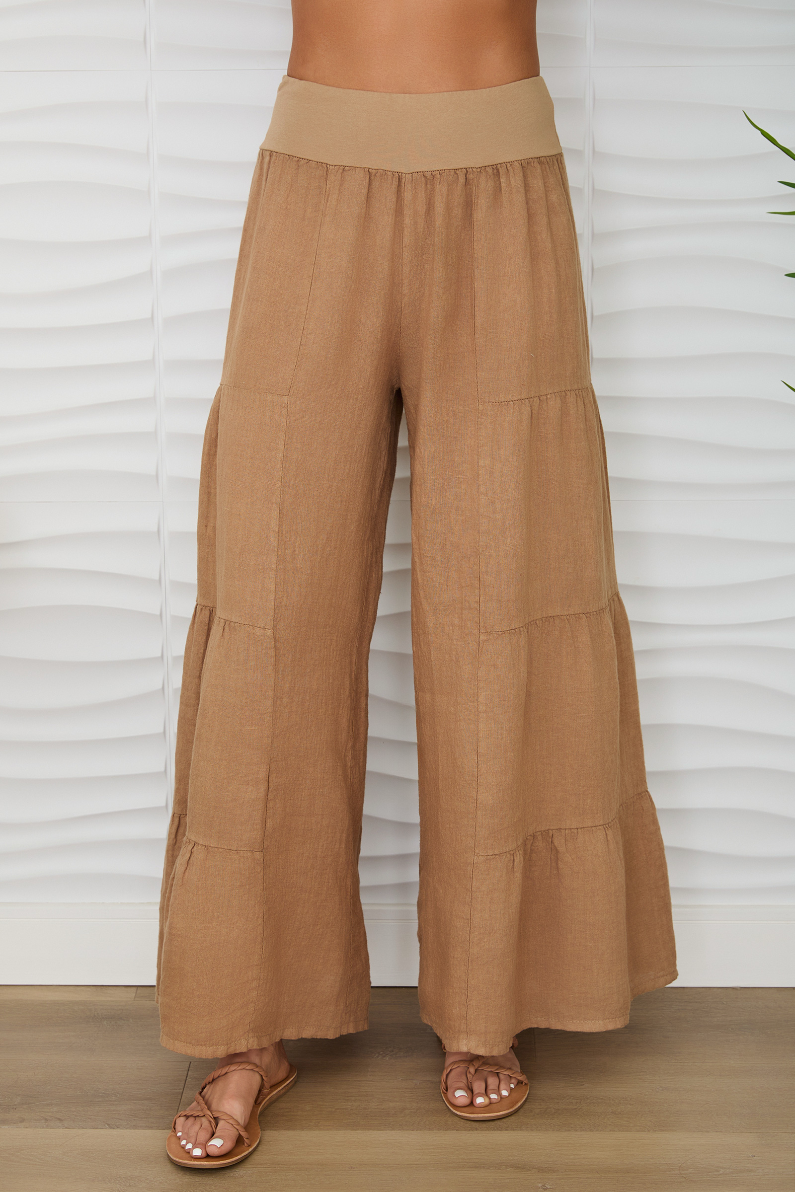 Linen Tiered Palazzo Pant in Camel