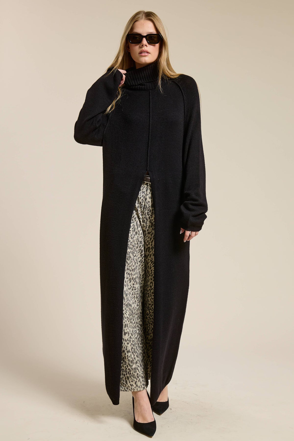 Ribbed Turtleneck Tunic Sweater Dress with Slit