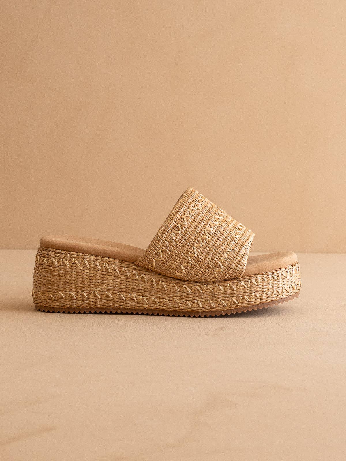 The Taniya Toffee Embroidered Raffia Platform Sandal