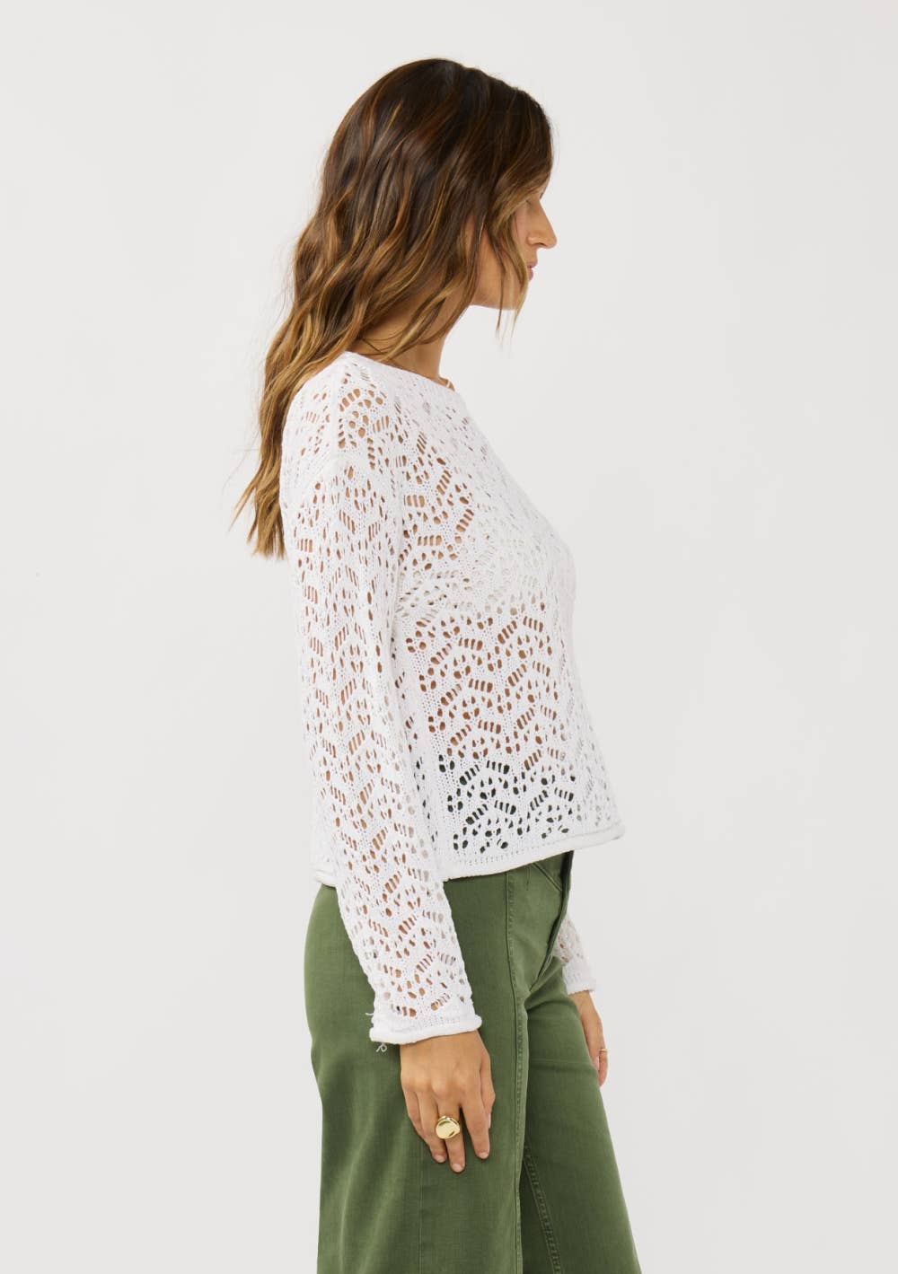 Long Sleeve Drop Shoulder Crochet Knit Crop Top