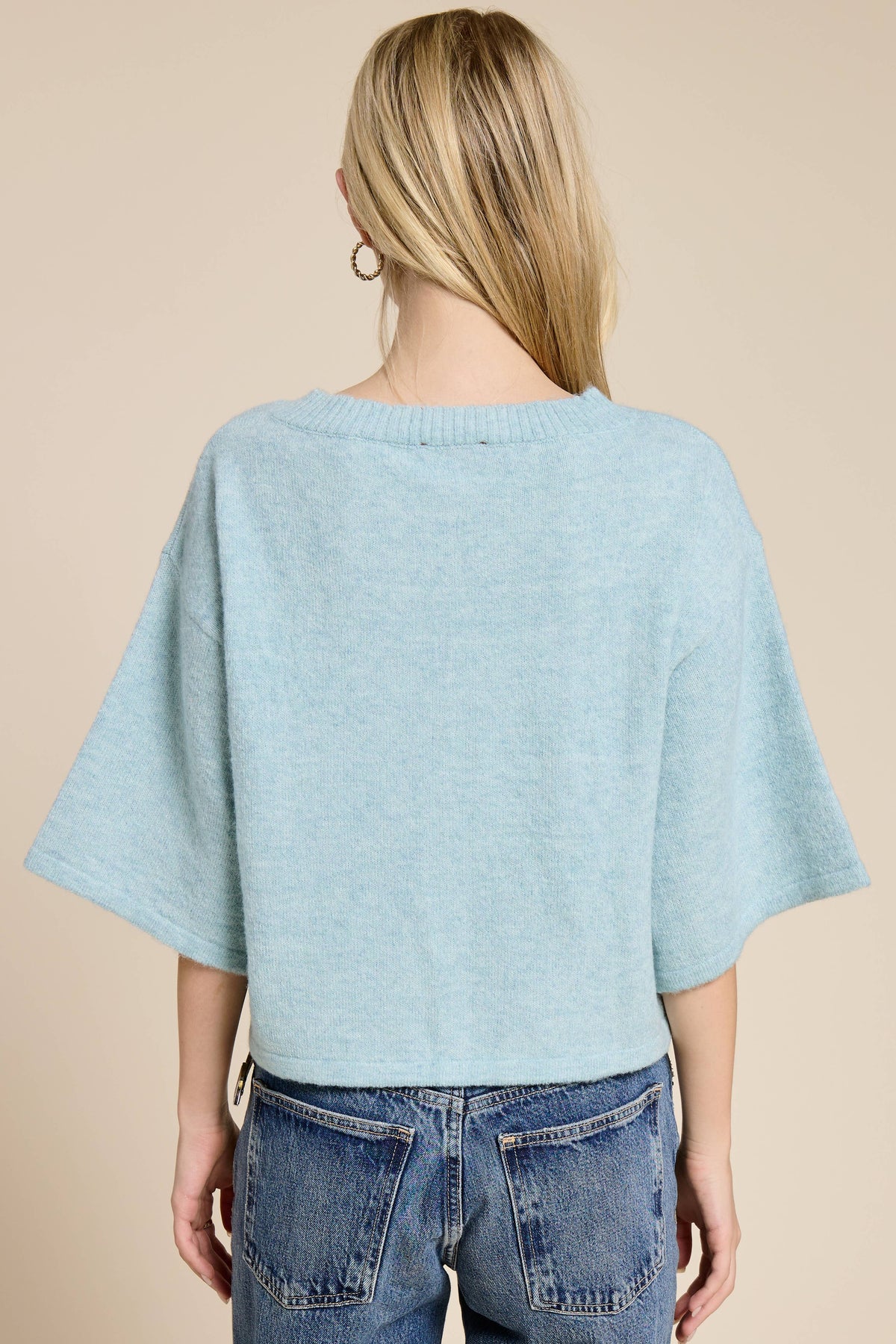 Button Front Short Sleeve Knit Cardigan in Seafoam