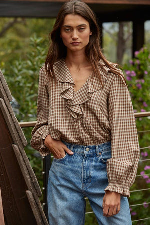 Beth Woven Cotton Gingham Ruffled Blouse