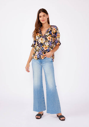 Sienna Split V-Neck Smocked Sleeve Top