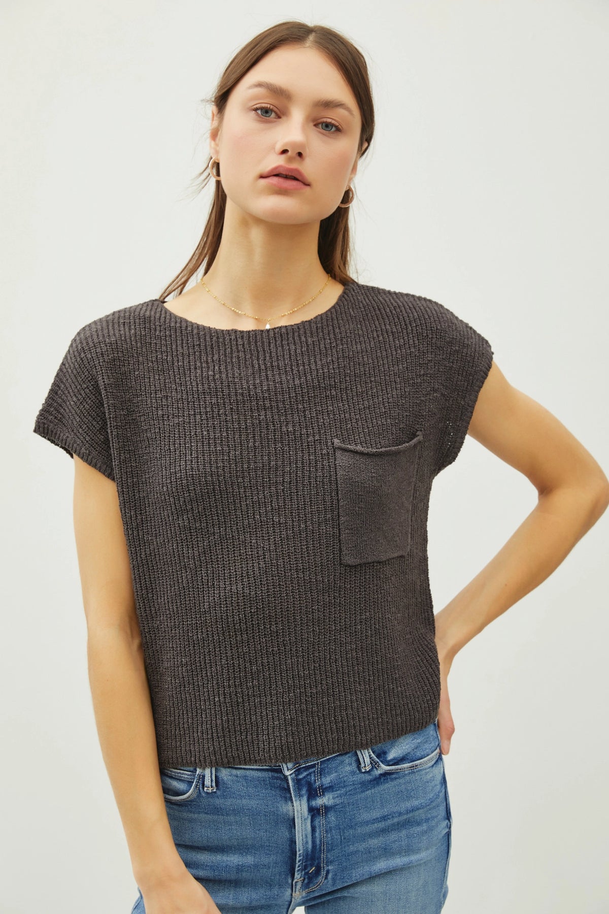 Patch Pocket Dolman Cap Sleeve Boxy Knit Sweater