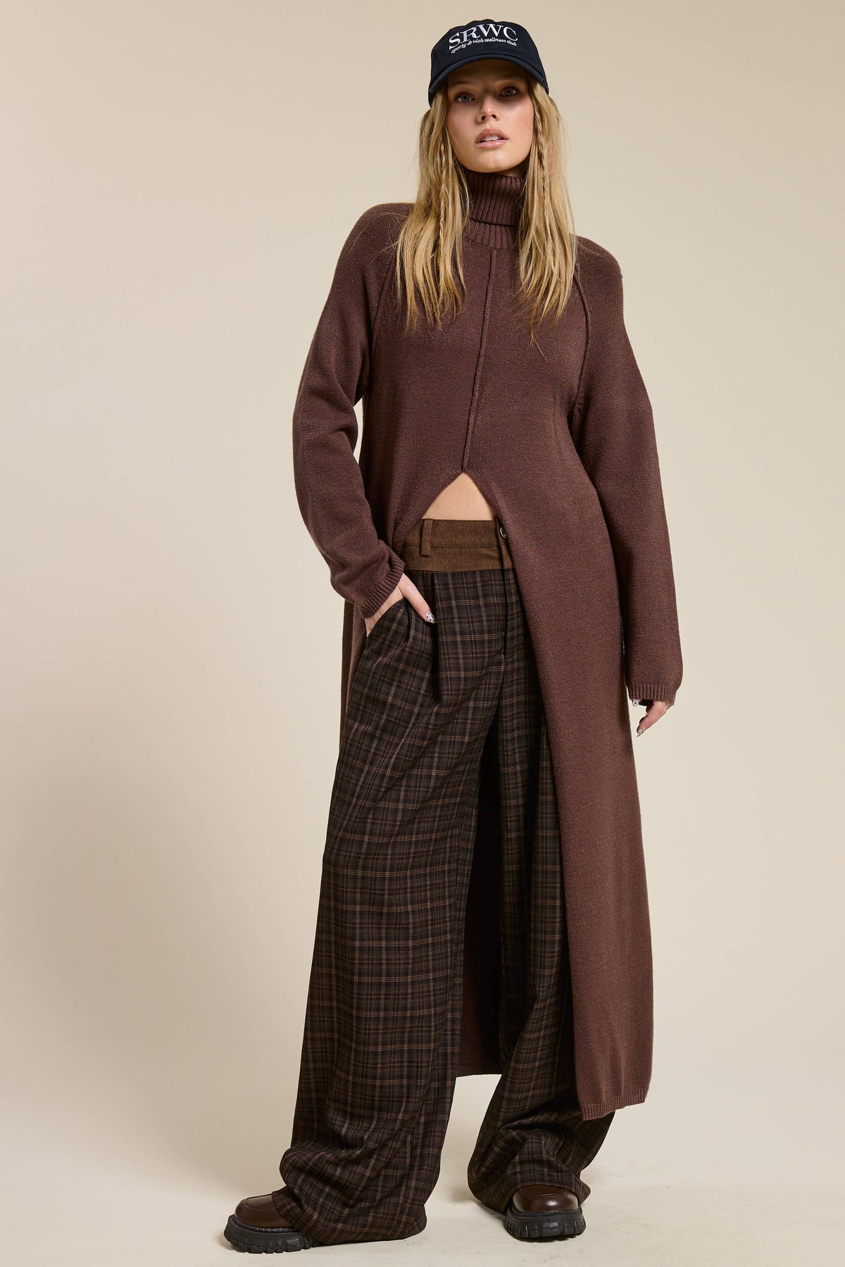 Ribbed Turtleneck Tunic Sweater Dress with Slit