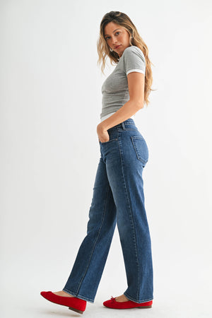 Stretchy Straight Mid Rise Dark Denim Jeans
