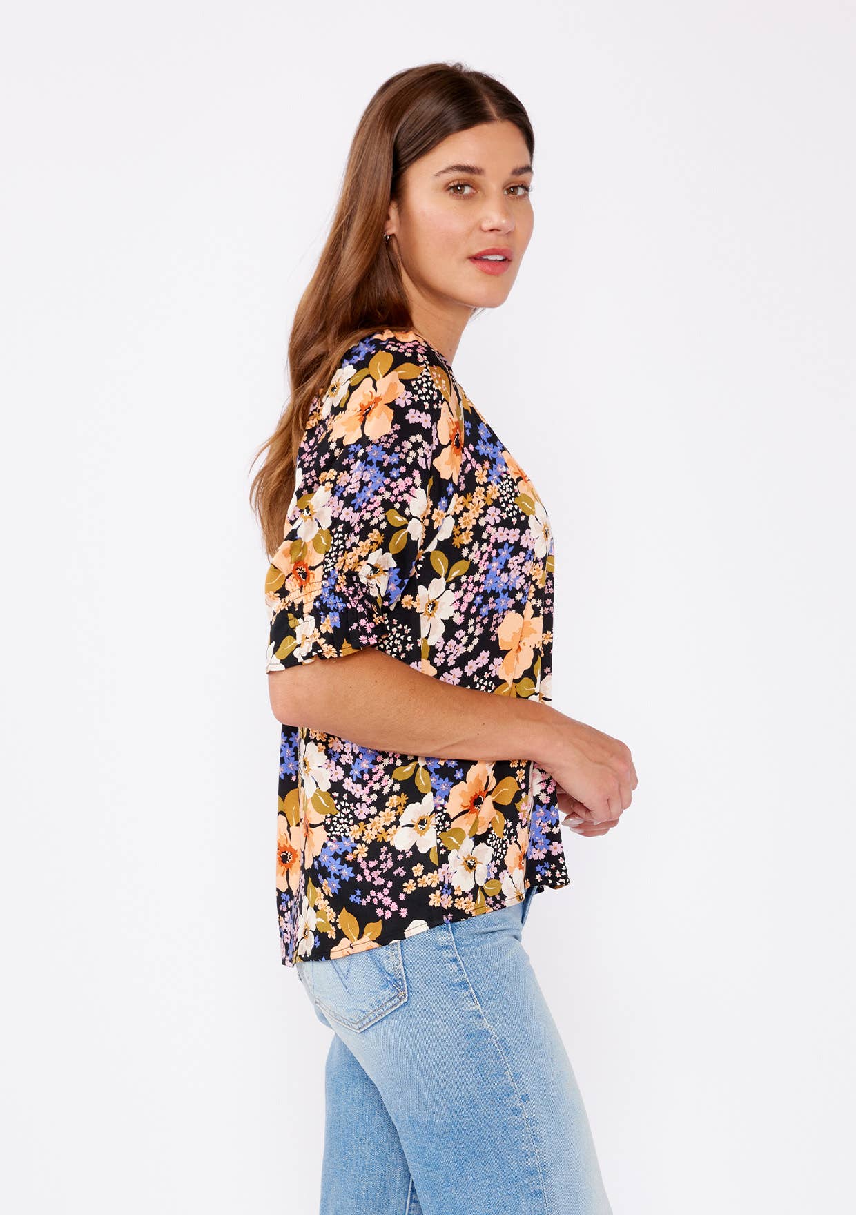 Sienna Split V-Neck Smocked Sleeve Top