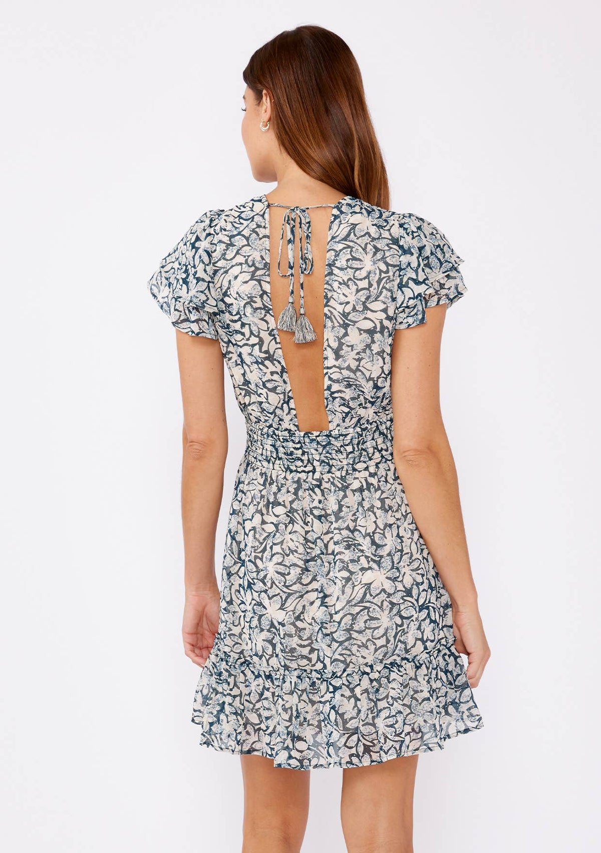 Deven Floral Chiffon Open Back V Neck Mini Dress