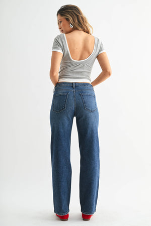 Stretchy Straight Mid Rise Dark Denim Jeans